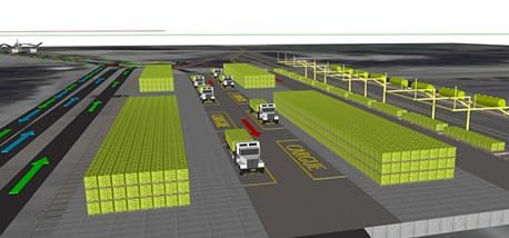 Cadena de Suministro - Simulación 3D de un centro logístico con camiones y áreas de carga