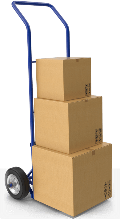 Operadores logisticos - Carretilla manual azul con tres cajas apiladas