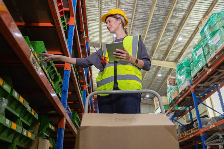 Trabajadora de almacén organizando productos en estanterías y utilizando una tablet