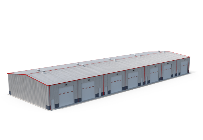 Diseño de centros de Distribución - Vista 3D de un edificio de planta industrial con múltiples puertas de carga y descarga